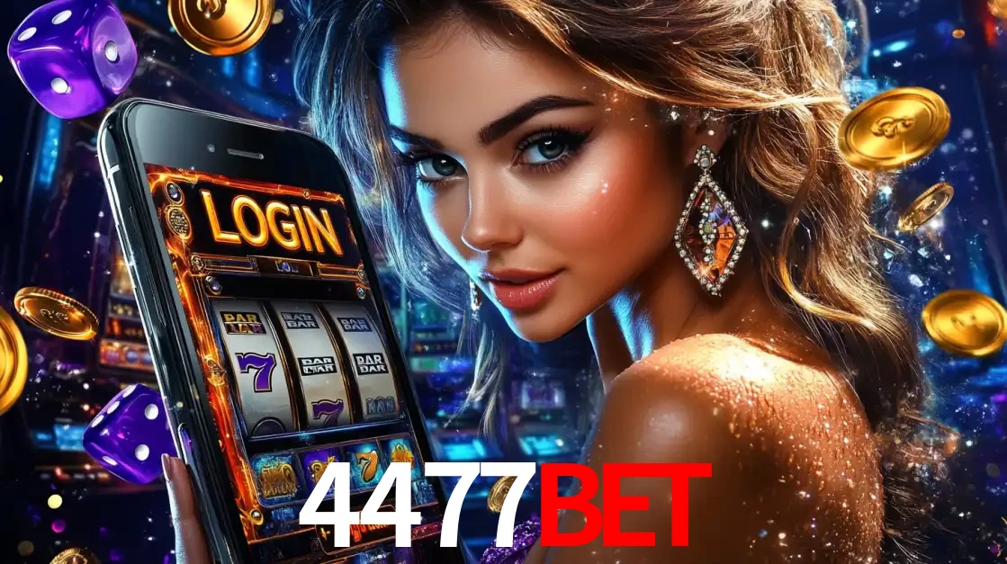 Mulher glamorosa segurando um smartphone com a tela de login para os jogos de caça-níqueis do cassino online 4477bet, com moedas de ouro e dados ao redor.