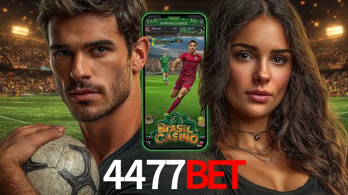 Homem segurando uma bola de futebol e uma mulher ao lado de um smartphone exibindo o jogo de apostas esportivas da 4477bet. Faça seu palpite no cassino online.